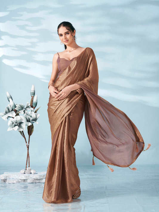 Two tone camel brown colored satin saree with tassles on pallu