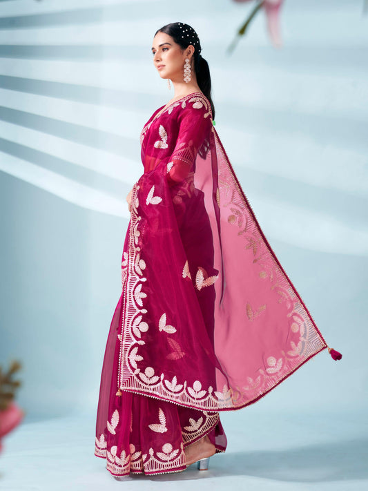 Burgundy colored organza saree with gota patti embroidery and embellished border