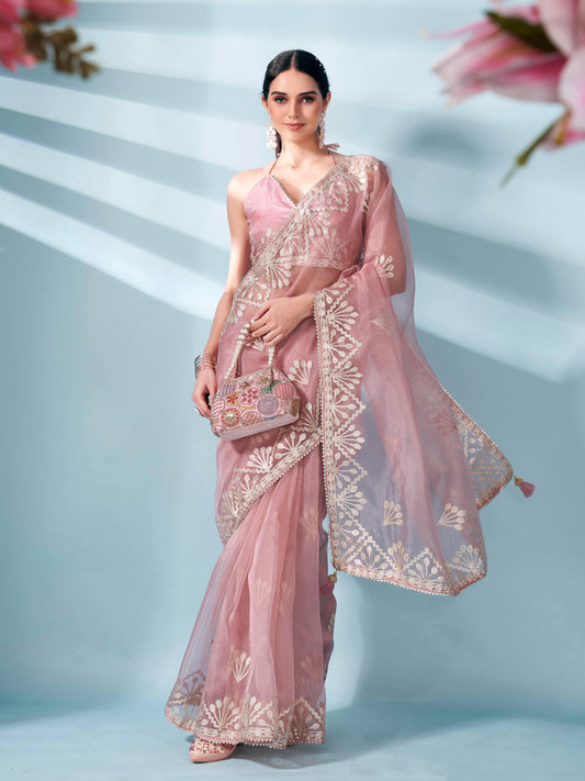 Peach colored organza saree with gota patti embroidery and embellished border