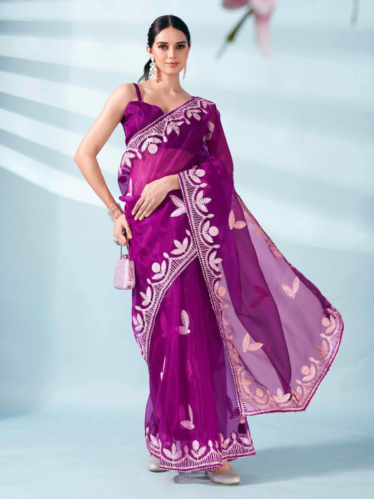 Magenta colored organza saree with gota patti embroidery and embellished border