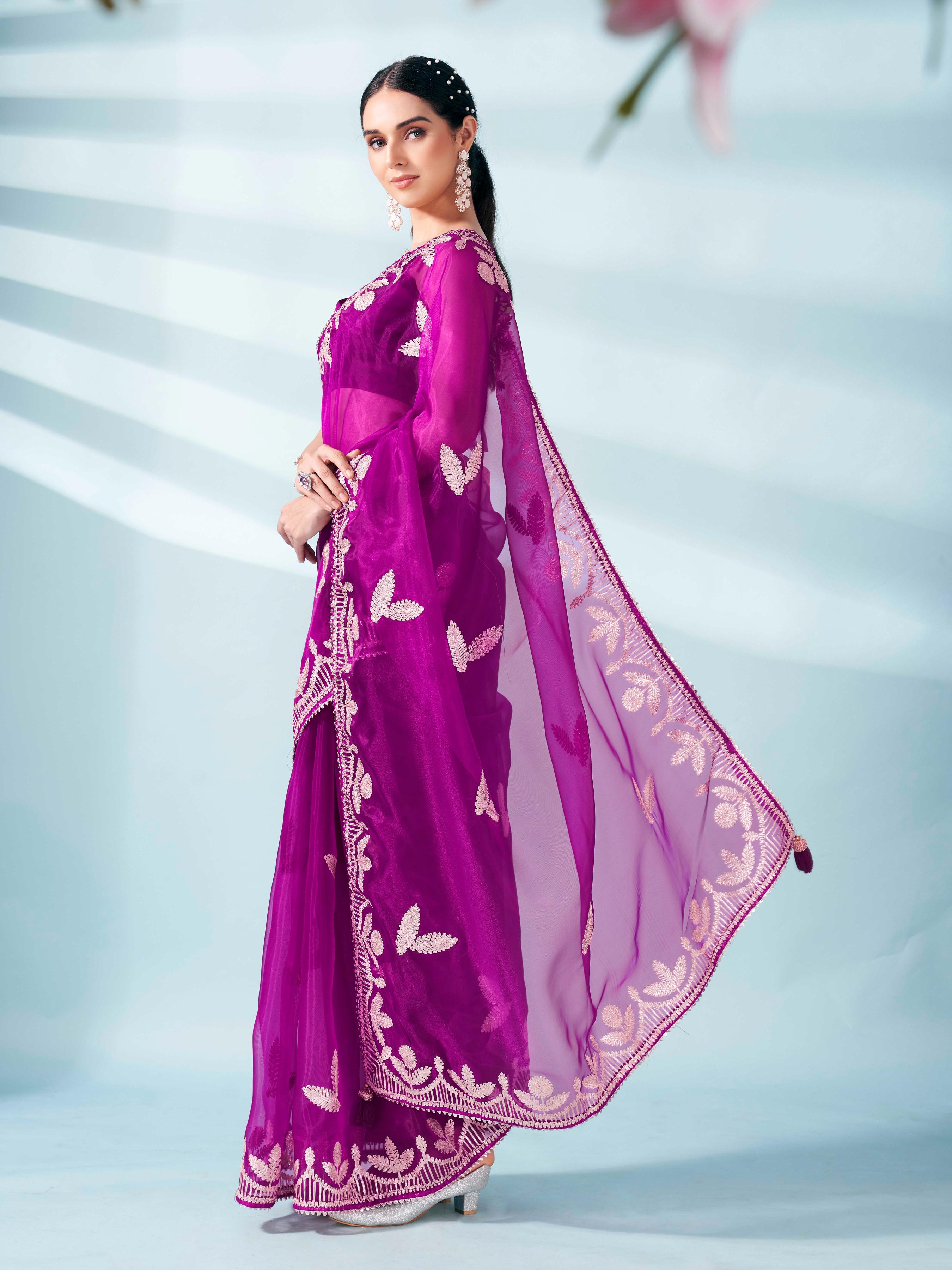 Magenta colored organza saree with gota patti embroidery and embellished border