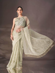 Green colored sequin embroidered shimmer chiffon saree with tassles on pallu