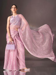 Mauve colored sequin embroidered shimmer chiffon saree with tassles on pallu