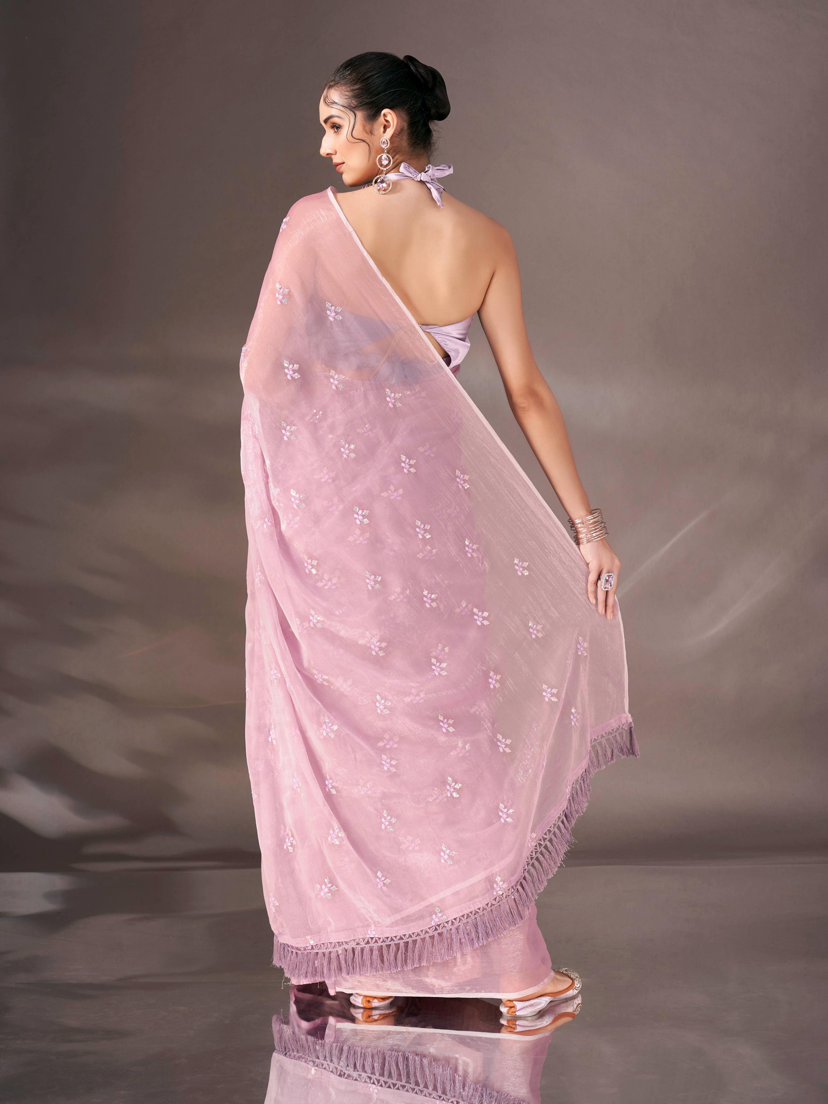 Mauve colored sequin embroidered shimmer chiffon saree with tassles on pallu