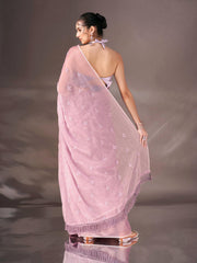 Mauve colored sequin embroidered shimmer chiffon saree with tassles on pallu