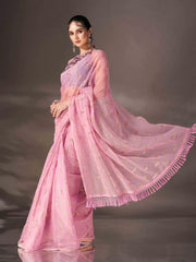 Pink colored sequin embroidered shimmer chiffon saree with tassles on pallu