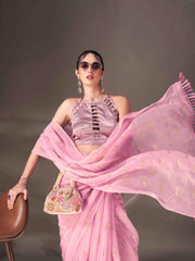 Pink colored sequin embroidered shimmer chiffon saree with tassles on pallu