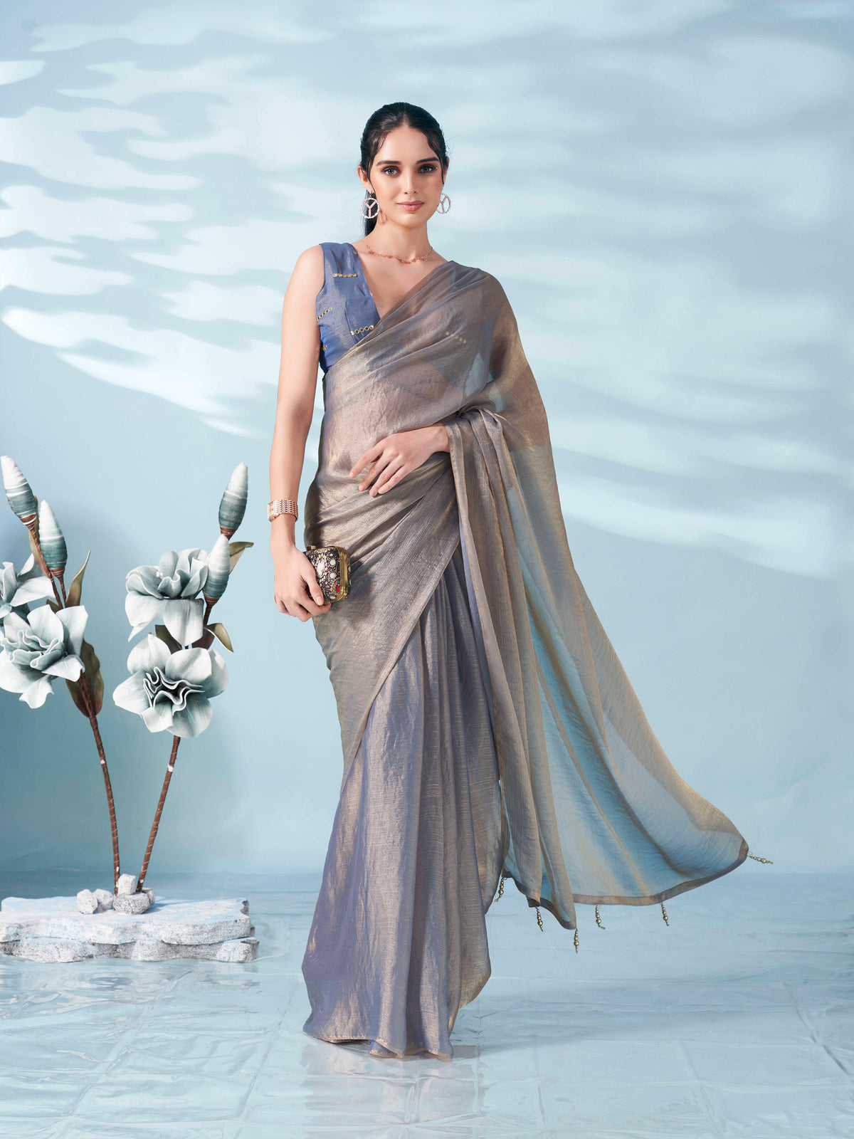 Blue & copper colored two tone chiffon saree with faux mirror embroidered blouse