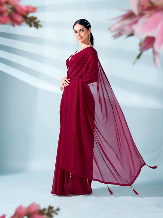 Maroon colored zari weaving satin saree with sequinned belt