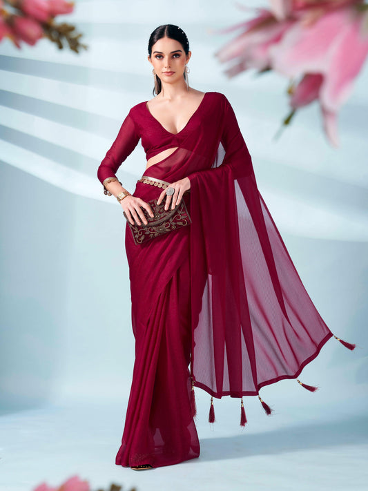 Maroon colored zari weaving satin saree with sequinned belt