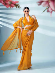 Mustard colored zari weaving satin saree with sequinned belt