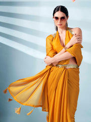 Mustard colored zari weaving satin saree with sequinned belt