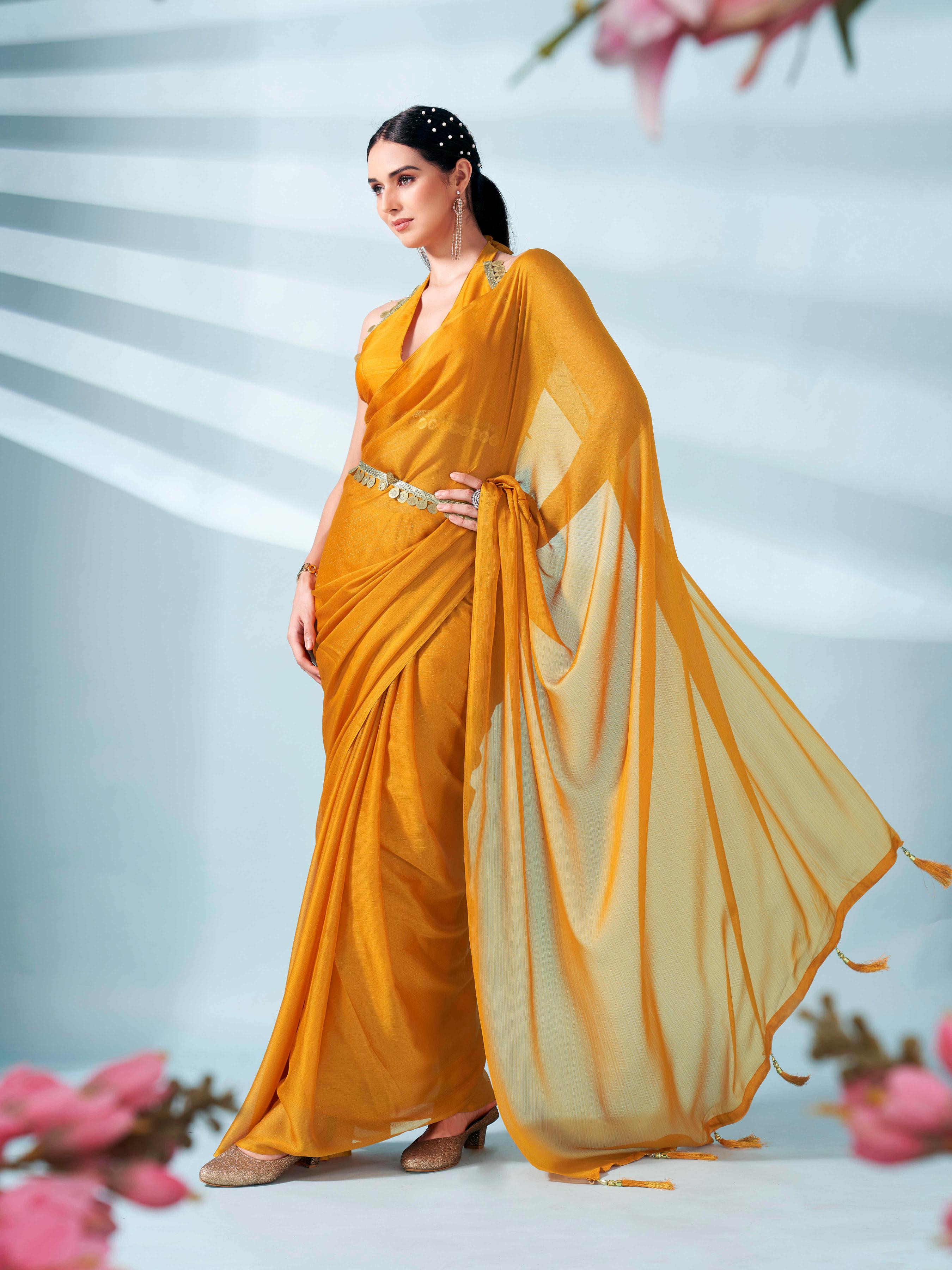 Mustard colored zari weaving satin saree with sequinned belt