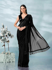 Black colored lurex zari butti and satin border saree with tassles on palliu