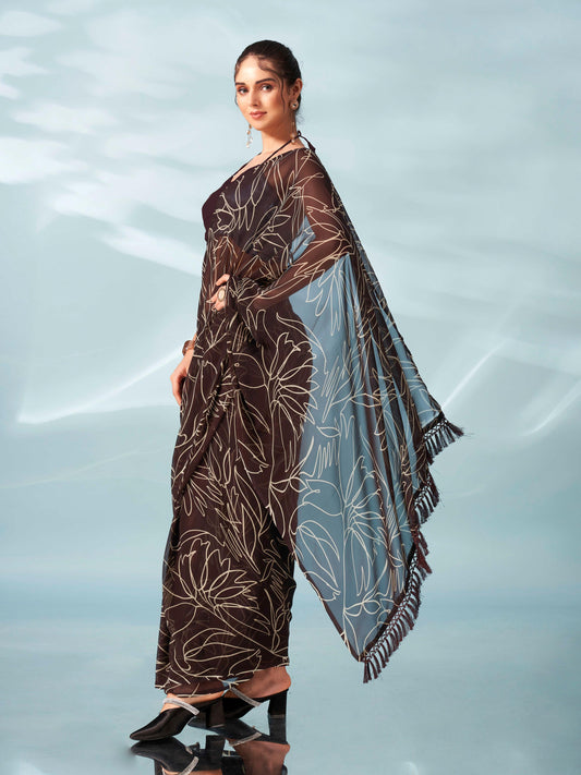 Ready to wear printed saree with pockets and tassles on pallu