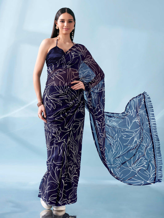 Ready to wear printed saree with pockets and tassles on pallu