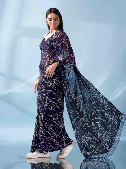 Ready to wear printed saree with pockets and tassles on pallu