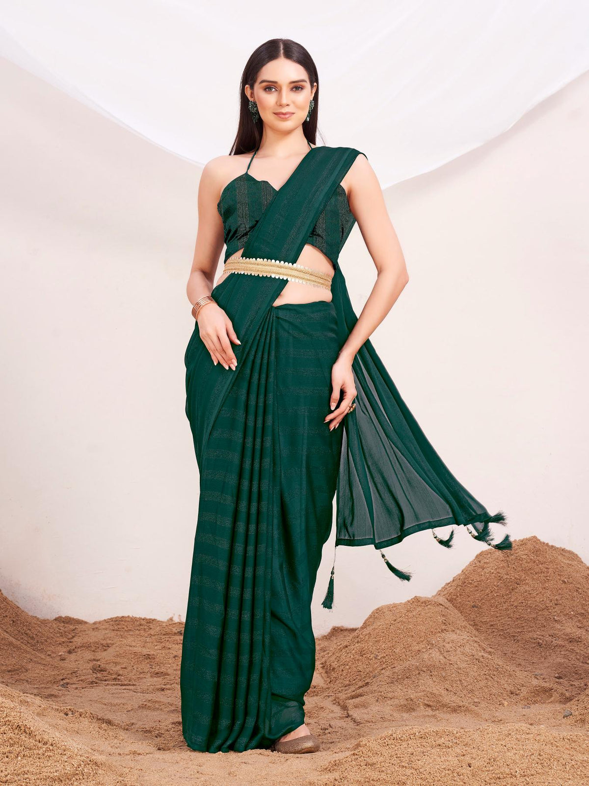 Bottle green colored striped satin belted saree