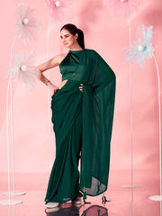 Bottle green colored striped satin belted saree