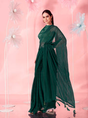 Bottle green colored striped satin belted saree