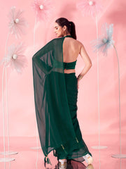 Bottle green colored striped satin belted saree