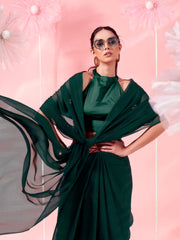 Bottle green colored striped satin belted saree