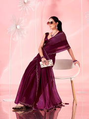 Magenta colored saree with faux diamond on border and tassles on pallu