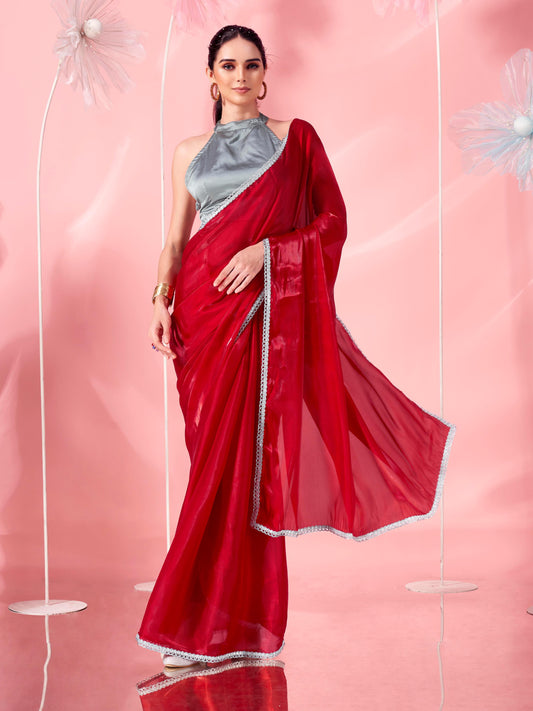 Red colored designer satin organza saree with silver colored embellished lace