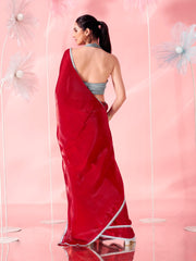 Red colored designer satin organza saree with silver colored embellished lace