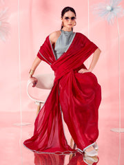 Red colored designer satin organza saree with silver colored embellished lace