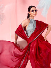 Red colored designer satin organza saree with silver colored embellished lace