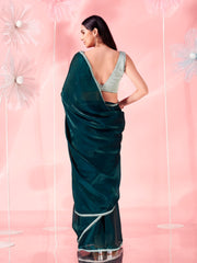 Green colored designer satin organza saree with silver colored embellished lace