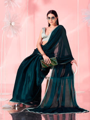 Green colored designer satin organza saree with silver colored embellished lace