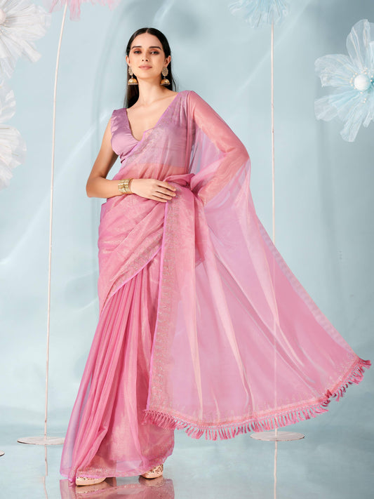 Pink colored shimmer chiffon saree with faux diamond embellieshed border