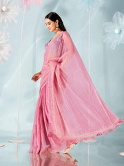 Pink colored shimmer chiffon saree with faux diamond embellieshed border