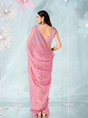 Pink colored shimmer chiffon saree with faux diamond embellieshed border