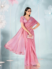 Pink colored shimmer chiffon saree with faux diamond embellieshed border