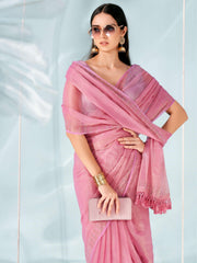 Pink colored shimmer chiffon saree with faux diamond embellieshed border