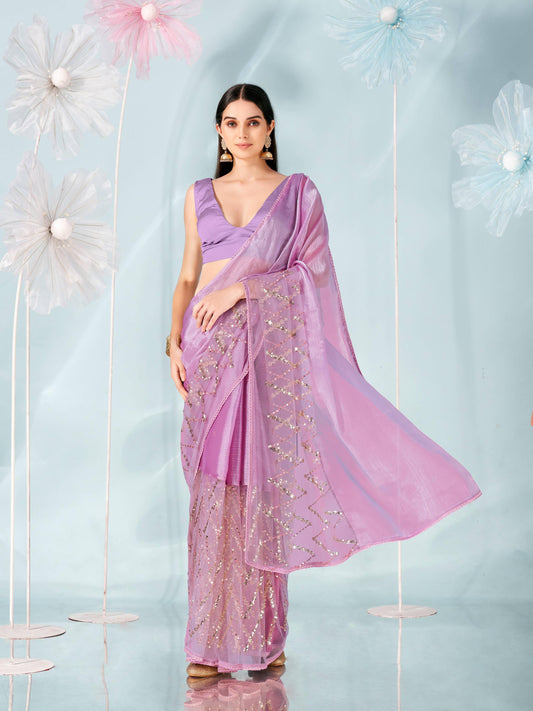 Mauve colored half and half net saree with embellished border