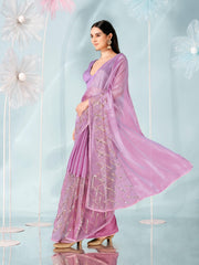 Mauve colored half and half net saree with embellished border