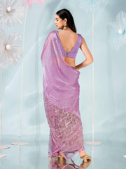 Mauve colored half and half net saree with embellished border