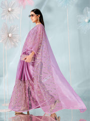 Mauve colored half and half net saree with embellished border