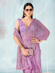 Mauve colored half and half net saree with embellished border