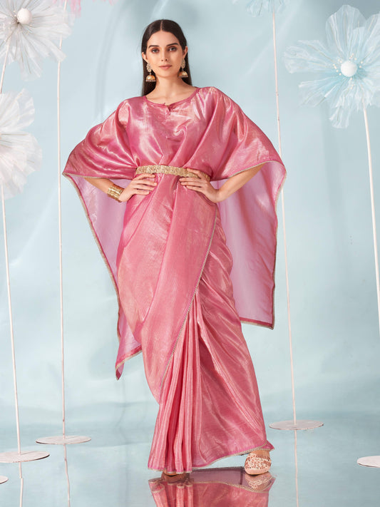 Pink colored designer kaaftan saree with embellished belt