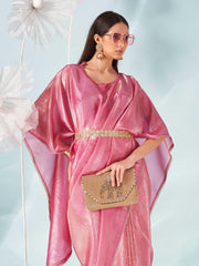 Pink colored designer kaaftan saree with embellished belt