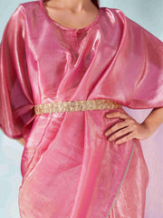 Pink colored designer kaaftan saree with embellished belt