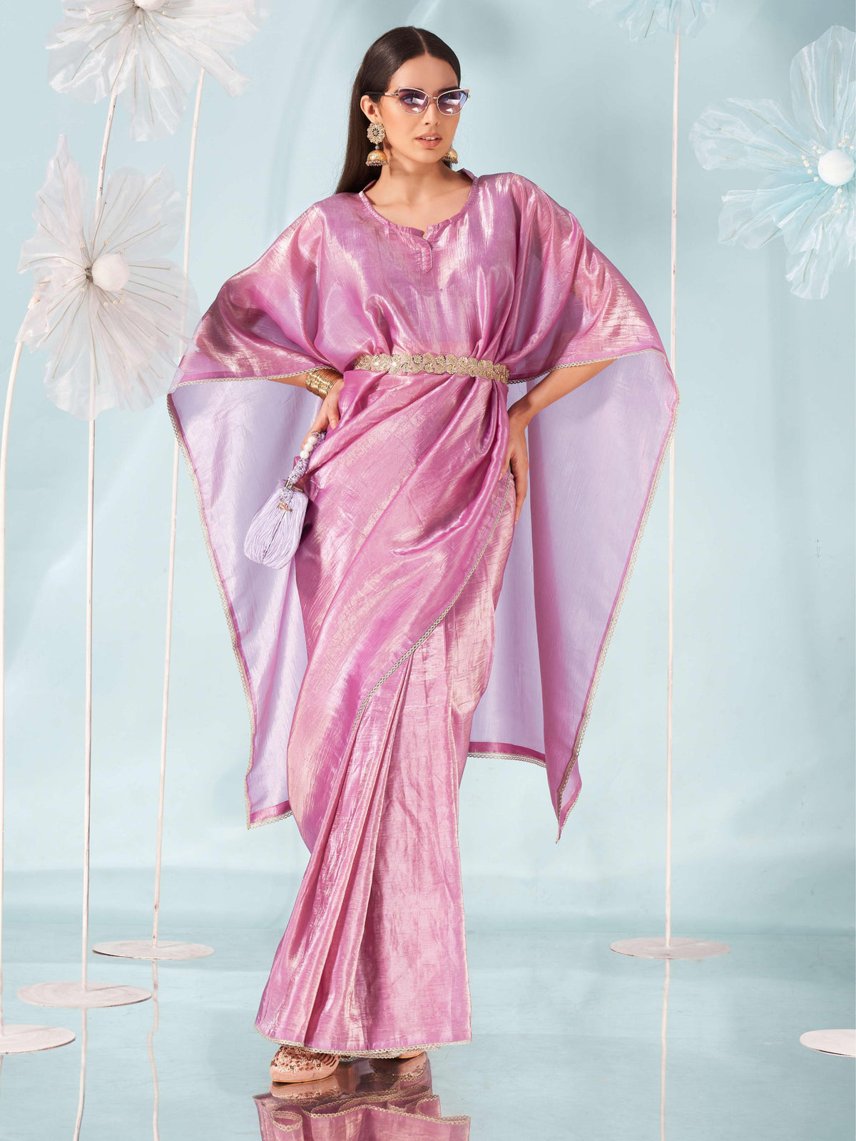 Mauve colored designer kaaftan saree with embellished belt