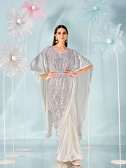 Off white colored designer sequinned kaaftan saree with embellished belt