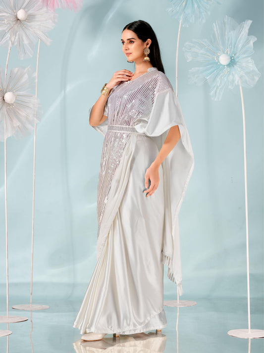 Off white colored designer sequinned kaaftan saree with embellished belt