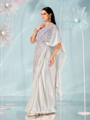 Off white colored designer sequinned kaaftan saree with embellished belt